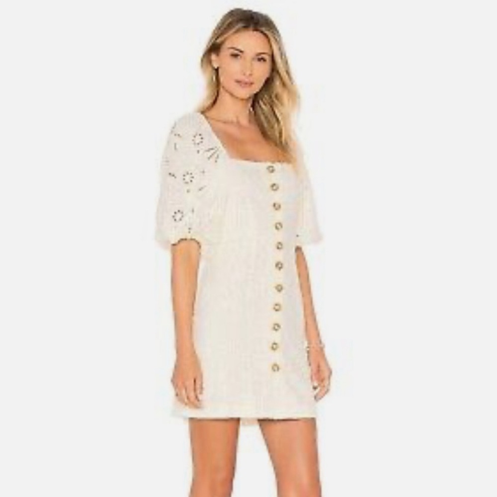 Free People: Daniella mini dress eyelet puff sleeves button down. Size 0